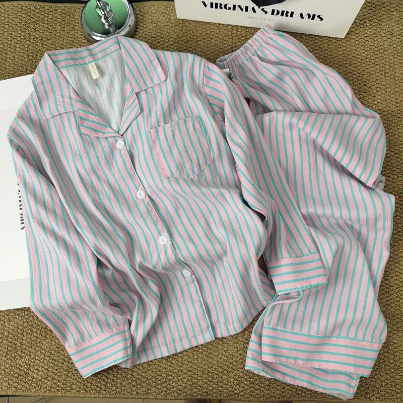 KoreanStyle Simple Striped Pajamas for Women Spring and Summer Loose Lazy LongSleeve Long Pants Homewear Set 260625 - view 7