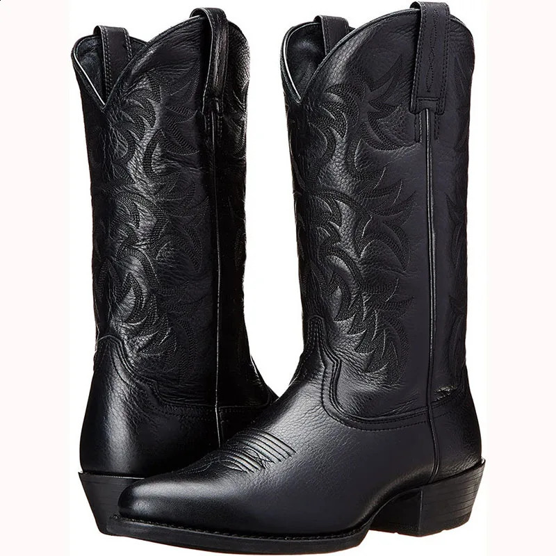 Men Boot Mid Calf Western Cowboy Motorcycle Boots Male Autumn Outdoor PU Leather Totem Med Heel Fashion ed Men Boots 260626