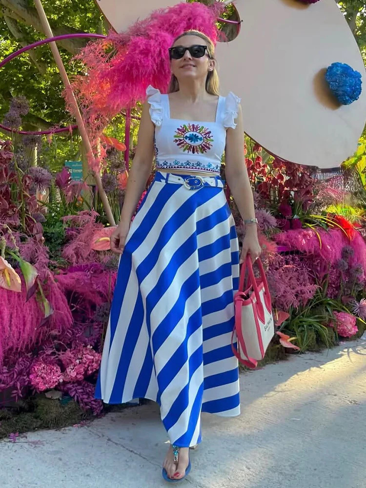 Elegant Women Striped Belt Skirt Chic Contrasting Colors Casual ALine 2026 Summer Fashion Ladies Holidays Midi Skirts 260626