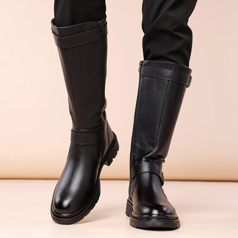 British Men Black Leather Knee High Boots ner Motorcycle Boots Casual Work Boots Outdoor Fashion Street Shoes Zapatos 260625 - view 3
