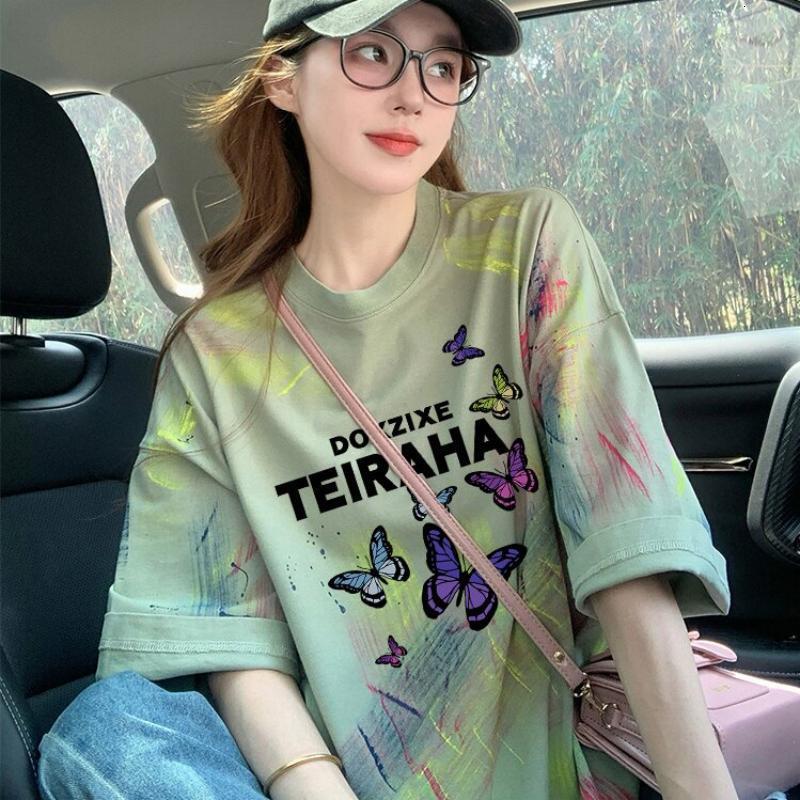 Women's Avocado Green Graphic T-Shirt, 100% Cotton - Butterfly Petal Sleeve Top with Butterfly Print, Casual Short Sleeve Shirt for Daily Outfits and  - view 6