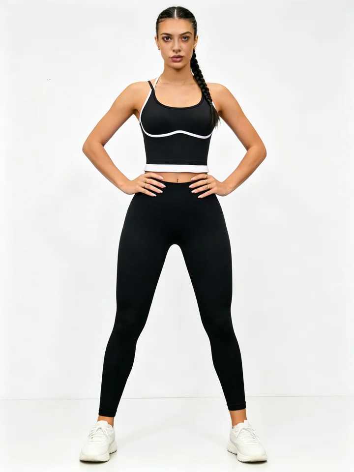 Yoga Set 2 Piece Womens Black White Contrast Sports Tank Top High Waist Leggings Workout Gym Fitness Activewear Tracksuit M260626 - view 3