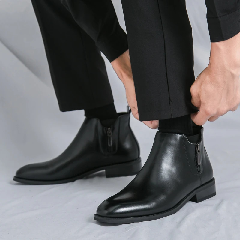 Mens PU Leather Chelsea Boots Classic Pointed High Top Dress Shoes Brown Business Banquet Commuting Short Boots for Men 260626 - view 6