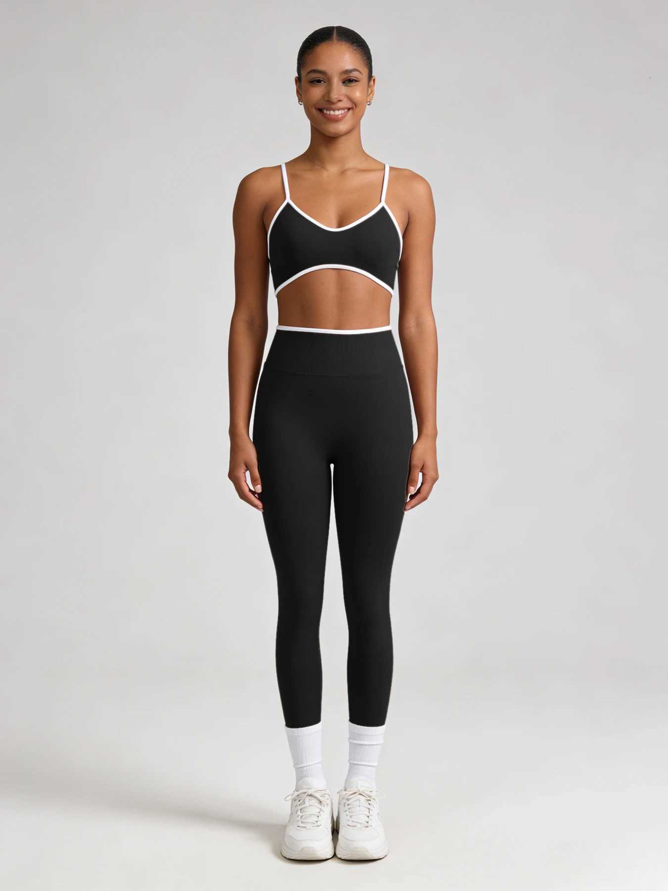2Pcs Contrast Trim Womens Yoga Outfit Spaghetti Strap Sports Bra High Waist LEggings Gym Wear M260626 - view 3