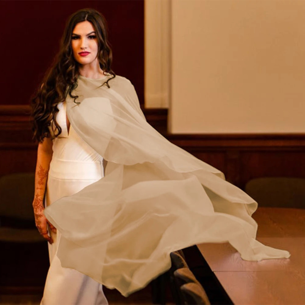 Women Wedding Cape Soft Lightweight Chiffon Bridal Shawl High Low Long Formal Wrap Lady Evening Prom Party Shrug Black White 260625 - view 5
