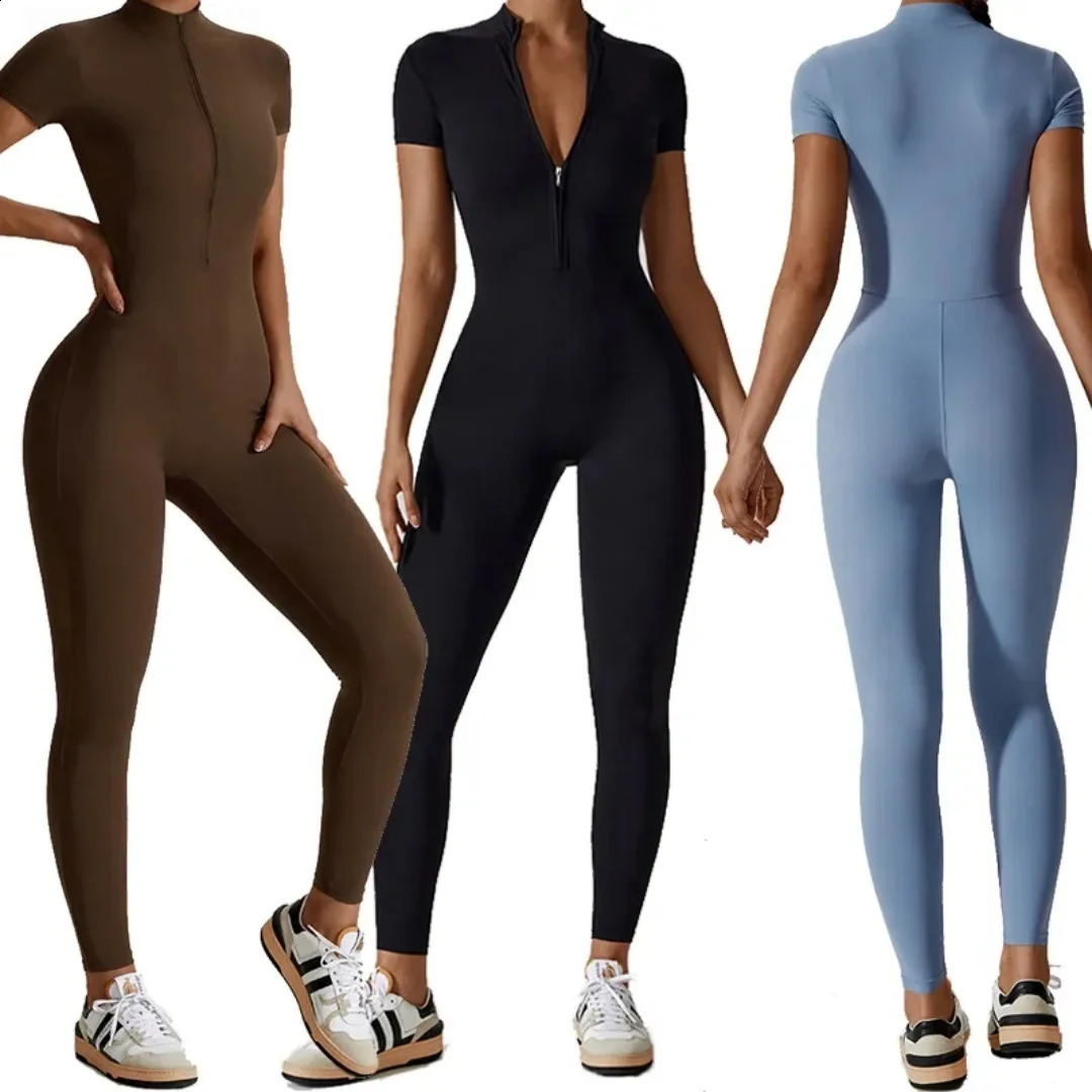 Naked zipper short sleeved yoga suit jumpsuit quick drying breathable outdoor sports tight fitting jumpsuit fitness suit 260626 - view 1