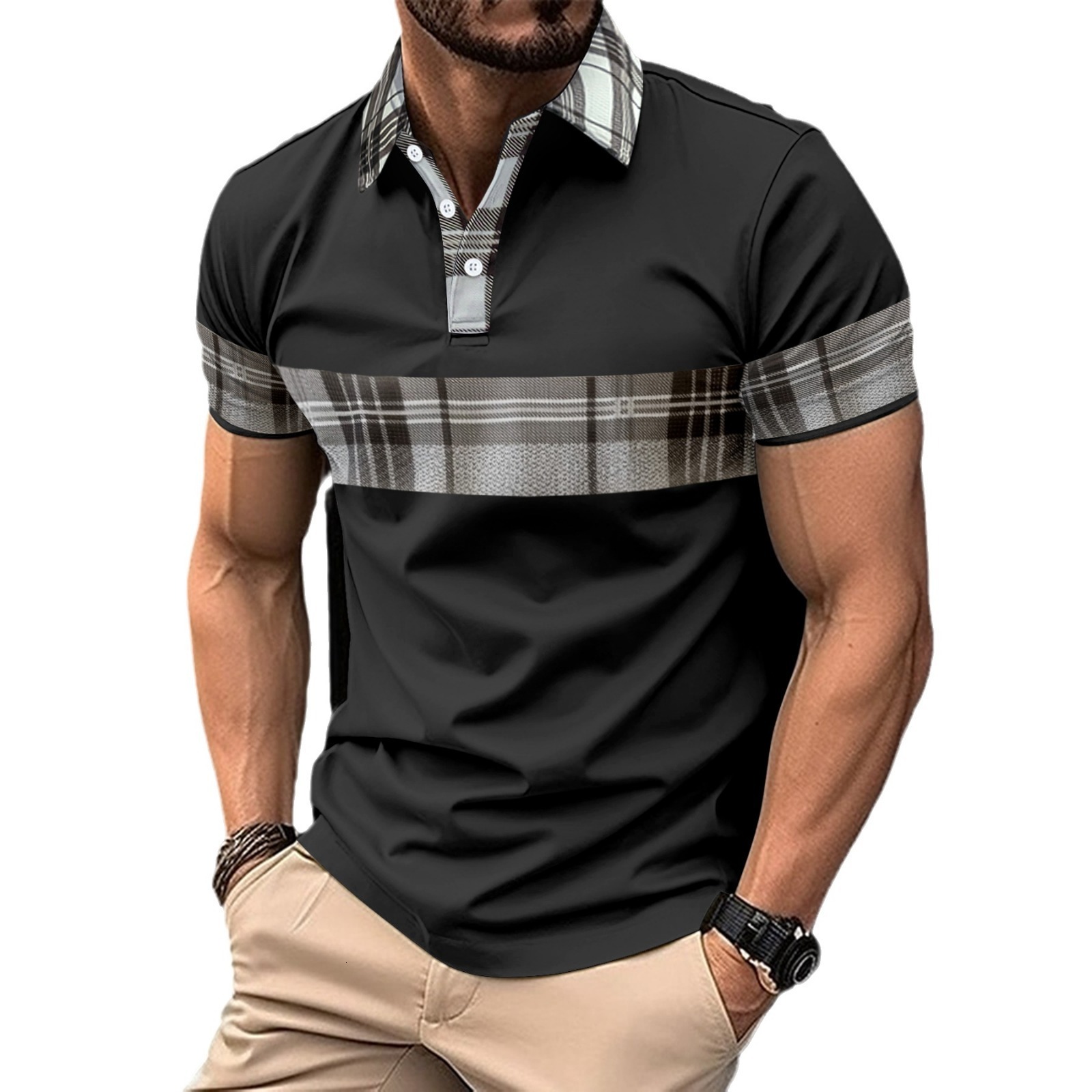 Men's Casual POLO Shirt, Fashionable V-Neck Buttoned Striped Short-Sleeve Patchwork Versatile T-Shirt2 - view 6