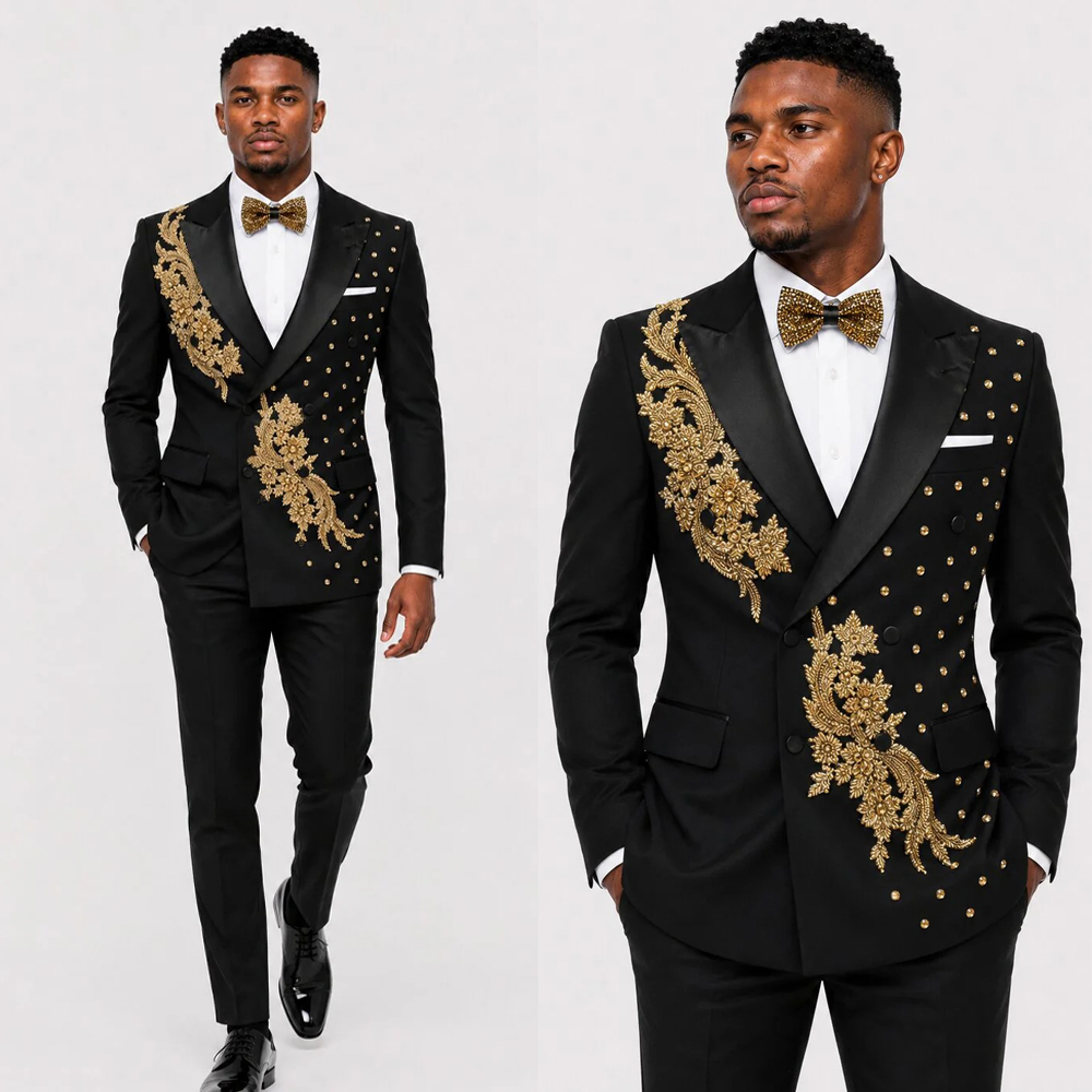 Handsome Men Suits Tailor-Made 2 Pieces Appliques Peaked Lapel Jacket Rhinestone Double Breasted Blazer Prom Party Customized Coat Pants Plus Size - view 8