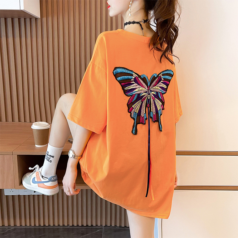 Women's Butterfly Embroidery T-Shirt, Casual Tie-Dye Cotton Blend Top with Loose Kimono Short Sleeves, Breathable Crew Neck and Button Detail for Ever - view 4