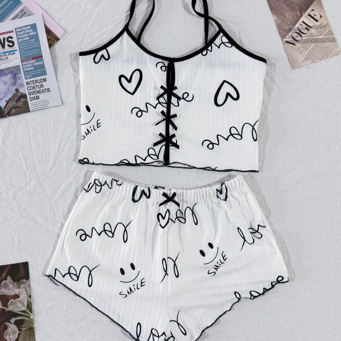 Summer Heart Print Sexy Ribbed Bow Decor Pajama Set for Womens Sleepwear Comfortable Crop Cami Top Shorts Loungerwear 260626 - view 7