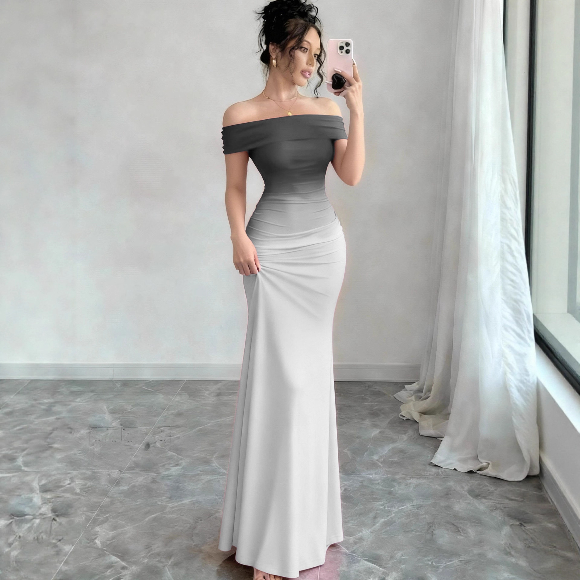 New fashion short-sleeve gradient off-shoulder bodycon long dress for cross-border European and American foreign trade - view 5