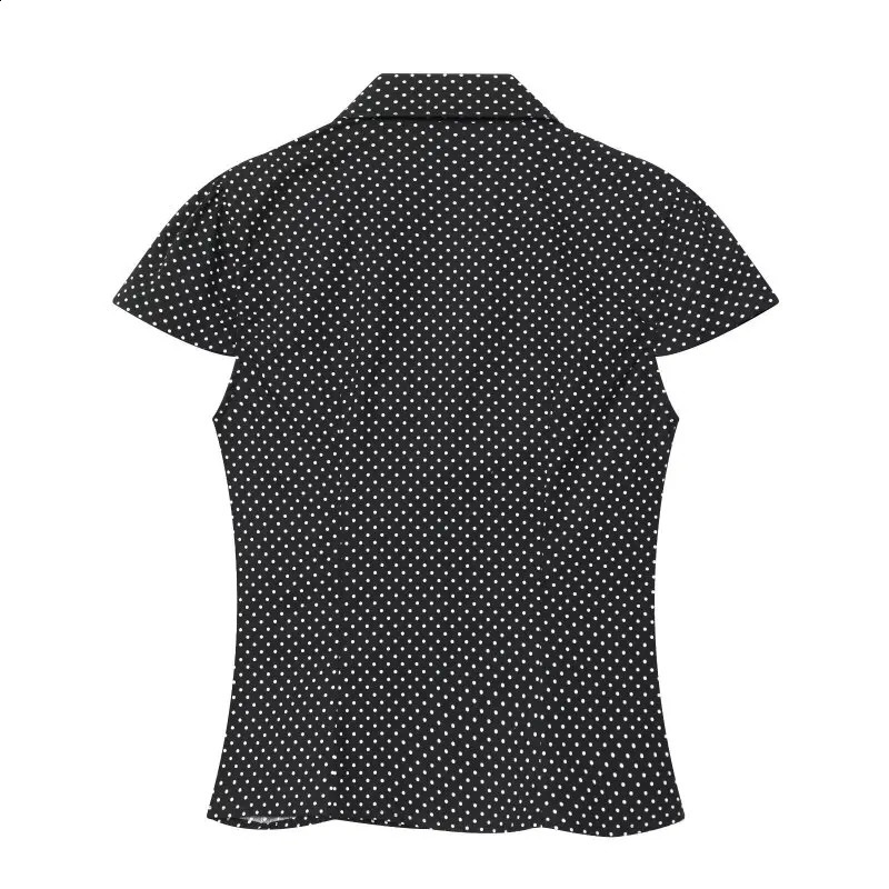 Summer Y2K Vintage Polka Dot Short Sleeve Blouse For Women V Neck Collared Ruched Bodycon Slim Fit Casual Daily Streetwear Shirt 260626 - view 4