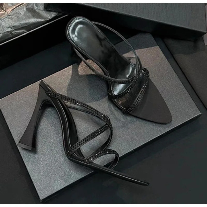 Summer Pointy Toe Thin High Heels Slippers Women Narrow Band Rhinestone Mules Slippers Sexy Crystal Party Shoes Woman 260626 - view 5