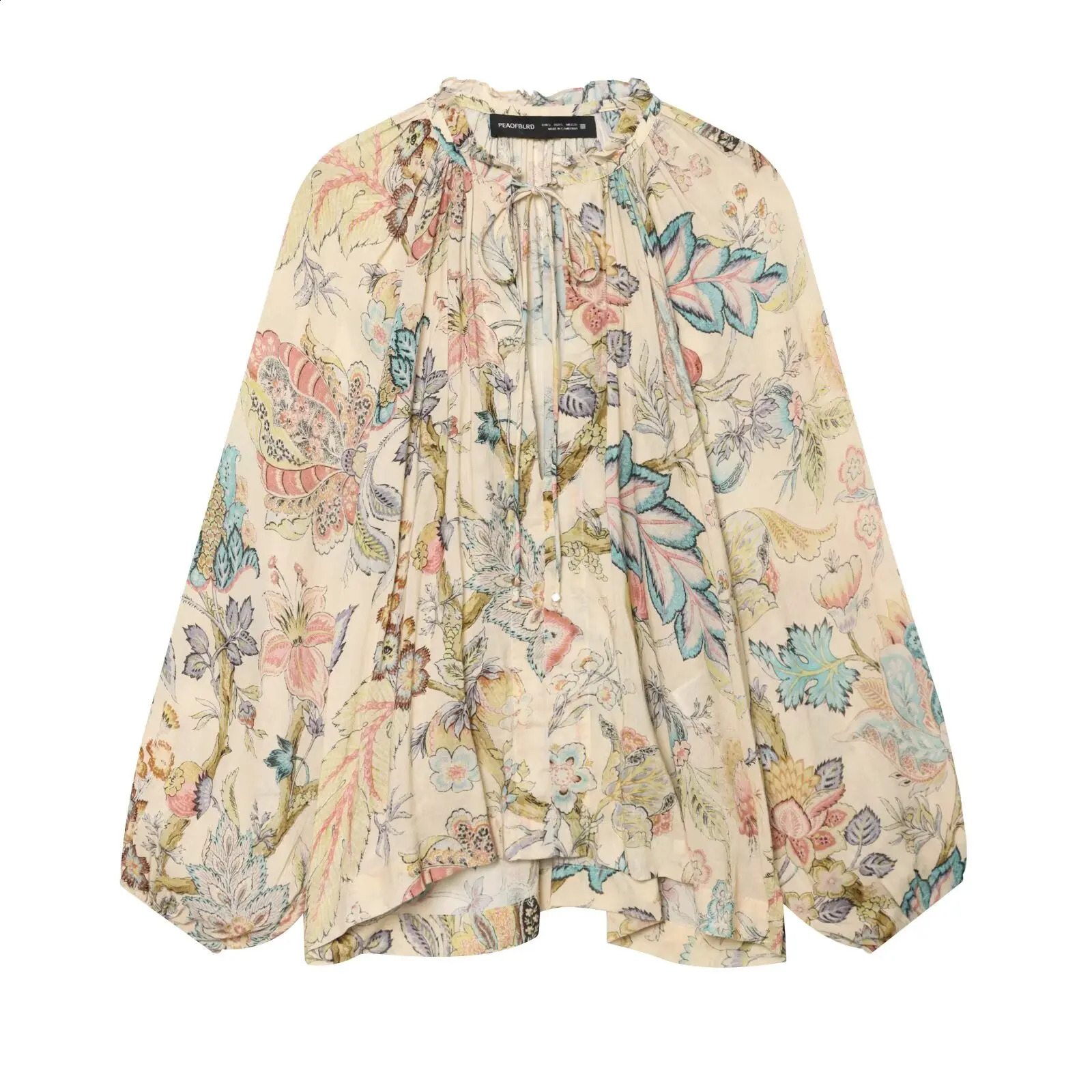 Willshela Women Fashion Printed Bow Lace Up Pleated Blouse Vintage ONeck Long Puff Sleeves Female Chic Lady Shirts 260626