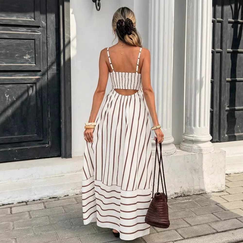 New womens French-style resort-style long dress with striped straps casual vacation dress - view 3