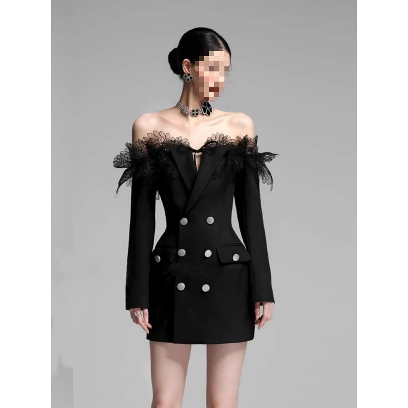 Women Lace Spliced Mid Length Blazer Dress Elegant Spring Work Commuter Chic Casual MAKOUFEI