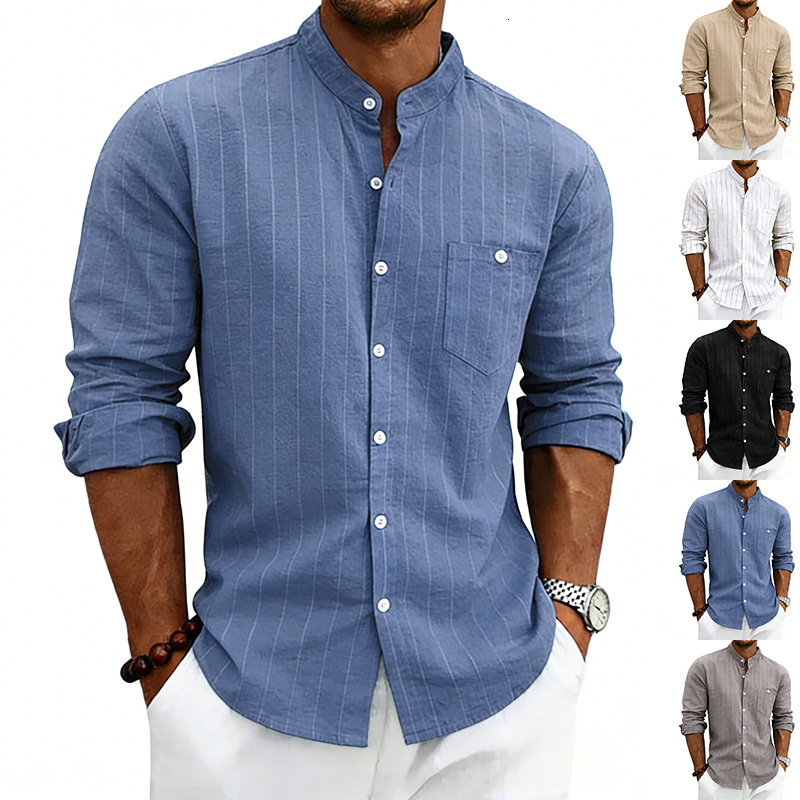 Mens Linen Stand Collar Striped Shirt Spring and Autumn Casual Commuting Trendy Slim Fit Long Sleeve Shirt