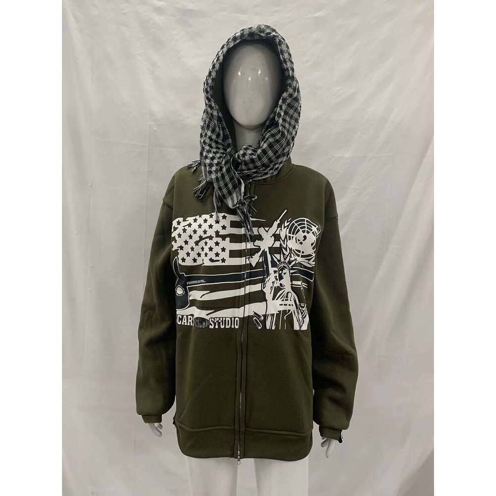 New y2k dark patchwork casual loose printed street trend hoodie W260626 - view 4