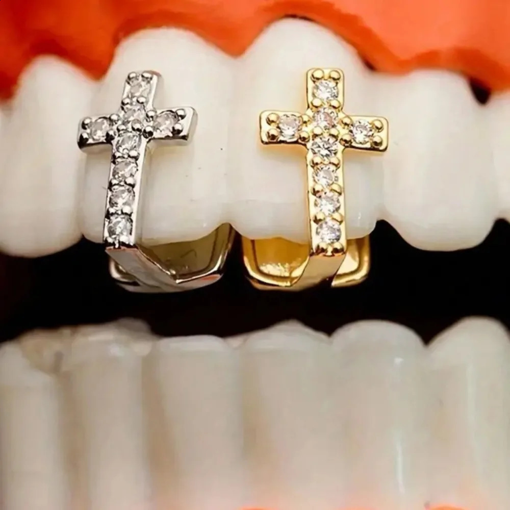 Cool Series Zircon Cross Single Tooth Grillzs Cap Heart Hollow Base Rhinestone Teeth Grill Hip Hop Dental Jewelry Party Teeth 260626
