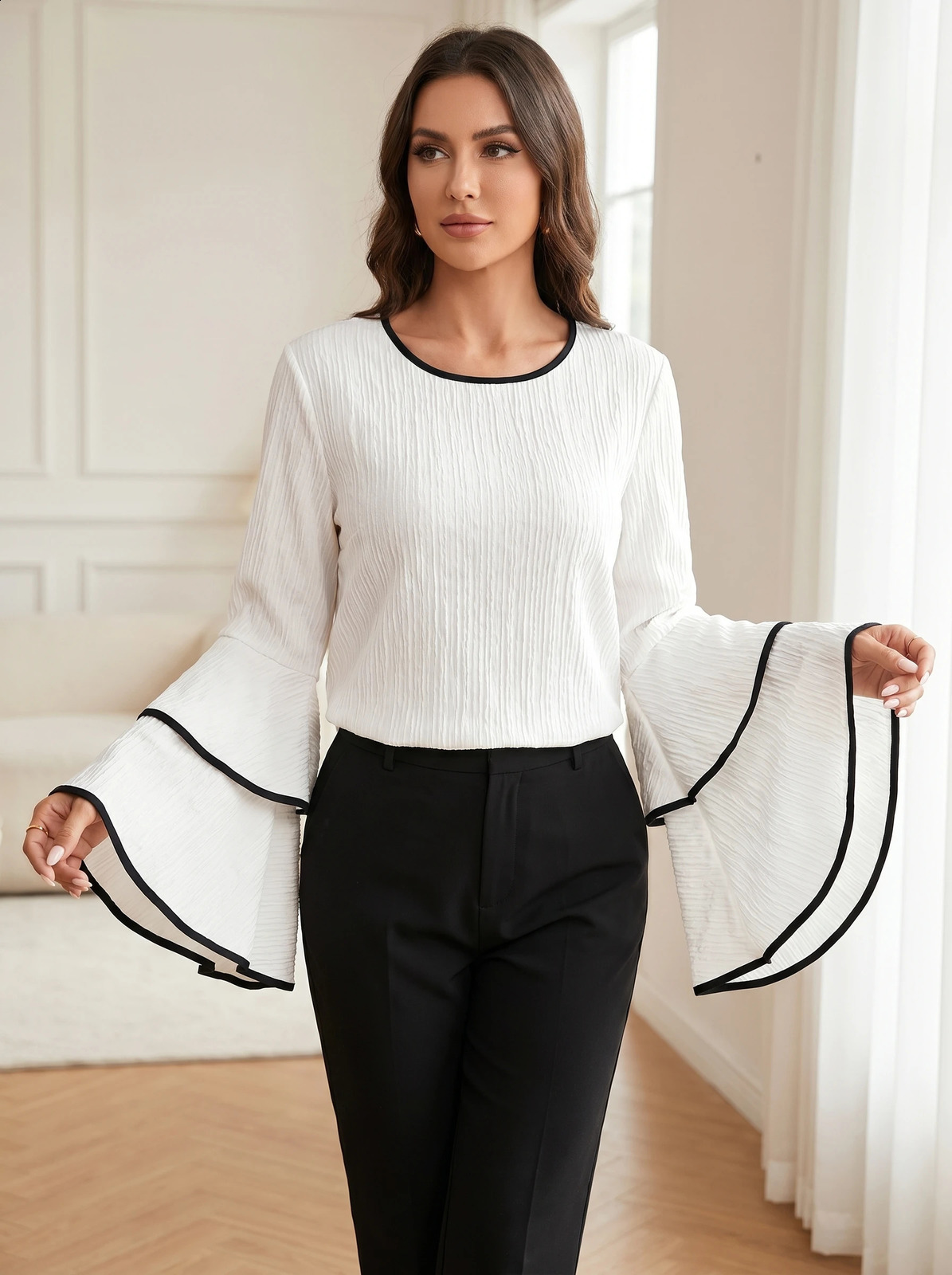 Womens Large Size T-shirt Spring/summer Relaxed Casual Solid Color Crew-neck Flared Long-sleeved Top 260626 - view 7