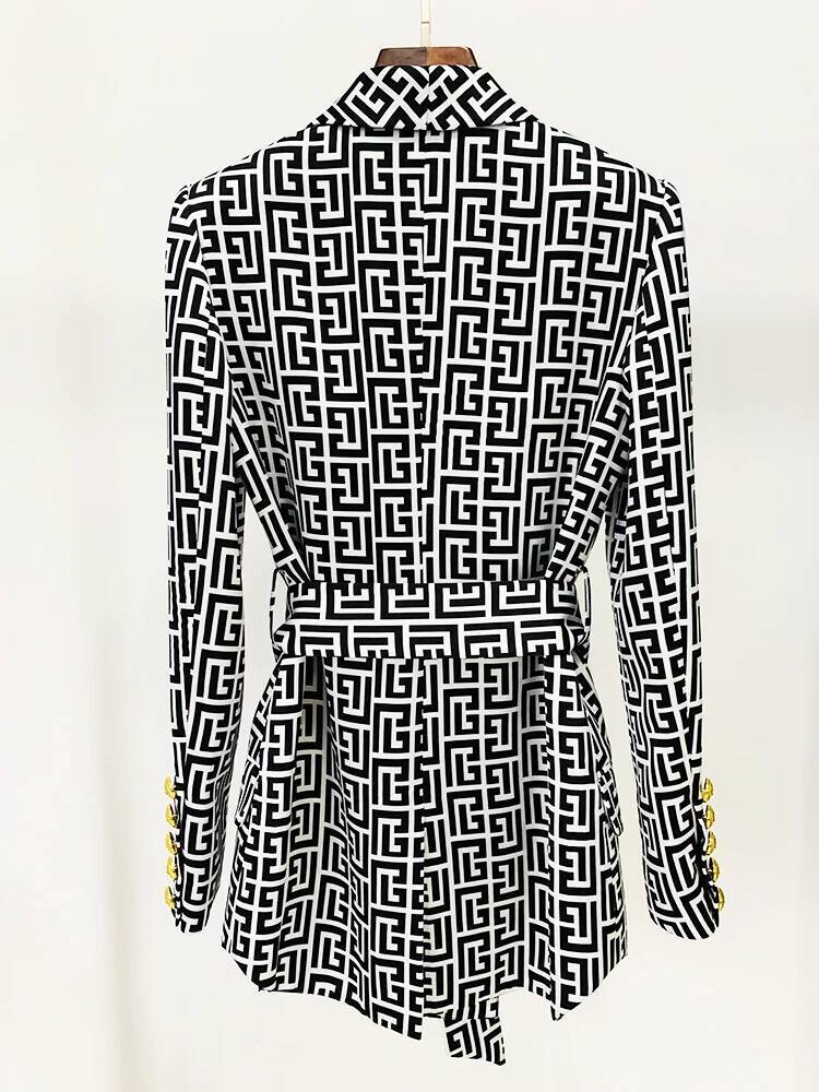 HIGH STREET Newest 2026 Stylish Designer Jacket Women's Double Breasted Monogram Printed Shawl Collar Belted Blazer - view 3