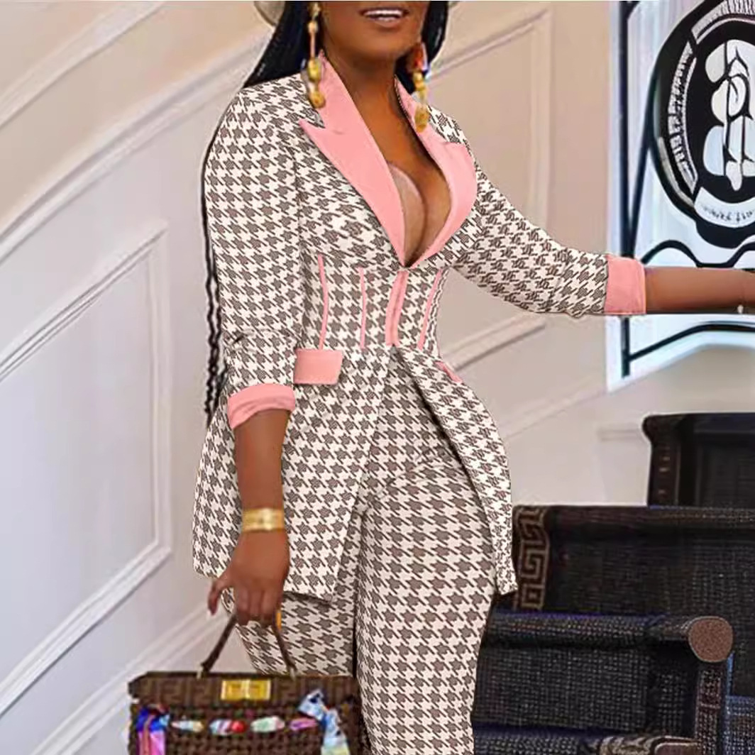Sexy Two Piece Suit for Women Blazer and Pants Set Print Long Sleeves Coats and Trousers Streetwear Female Autumn Winter