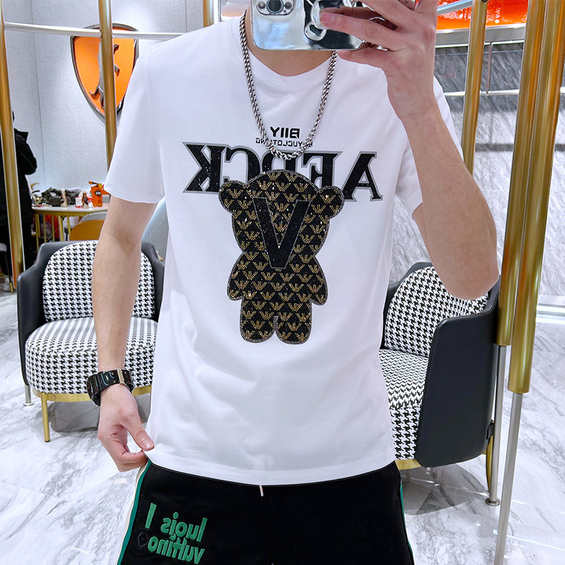Summer New Round Neck Short Sleeve Slim Fit Bear Embellished Fashionable Men's T-Shirt