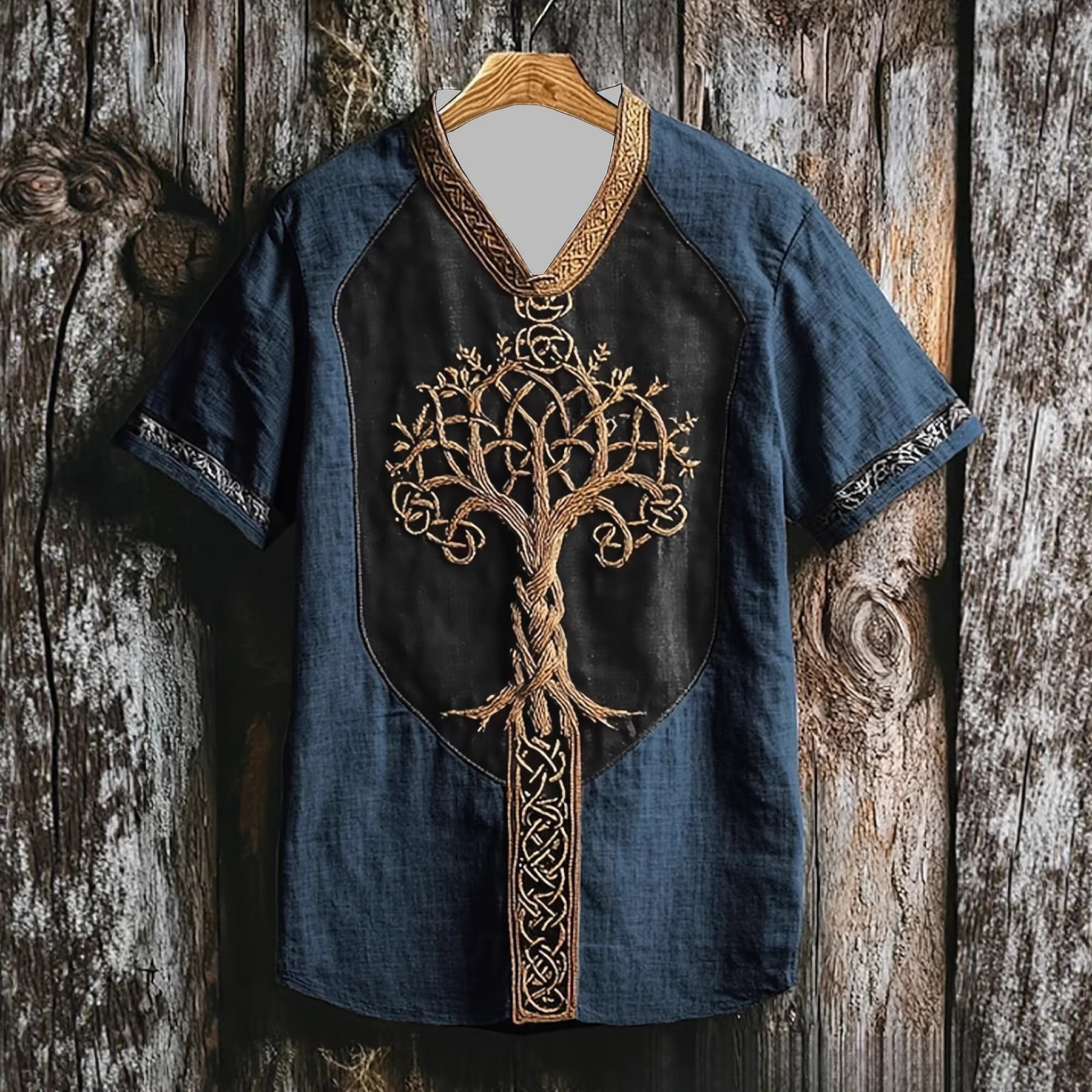 Navy Blue Linen Patchwork Tree Of Life Celtic Embroidery V-Neck Short Sleeve Men's Vintage Casual Shirt