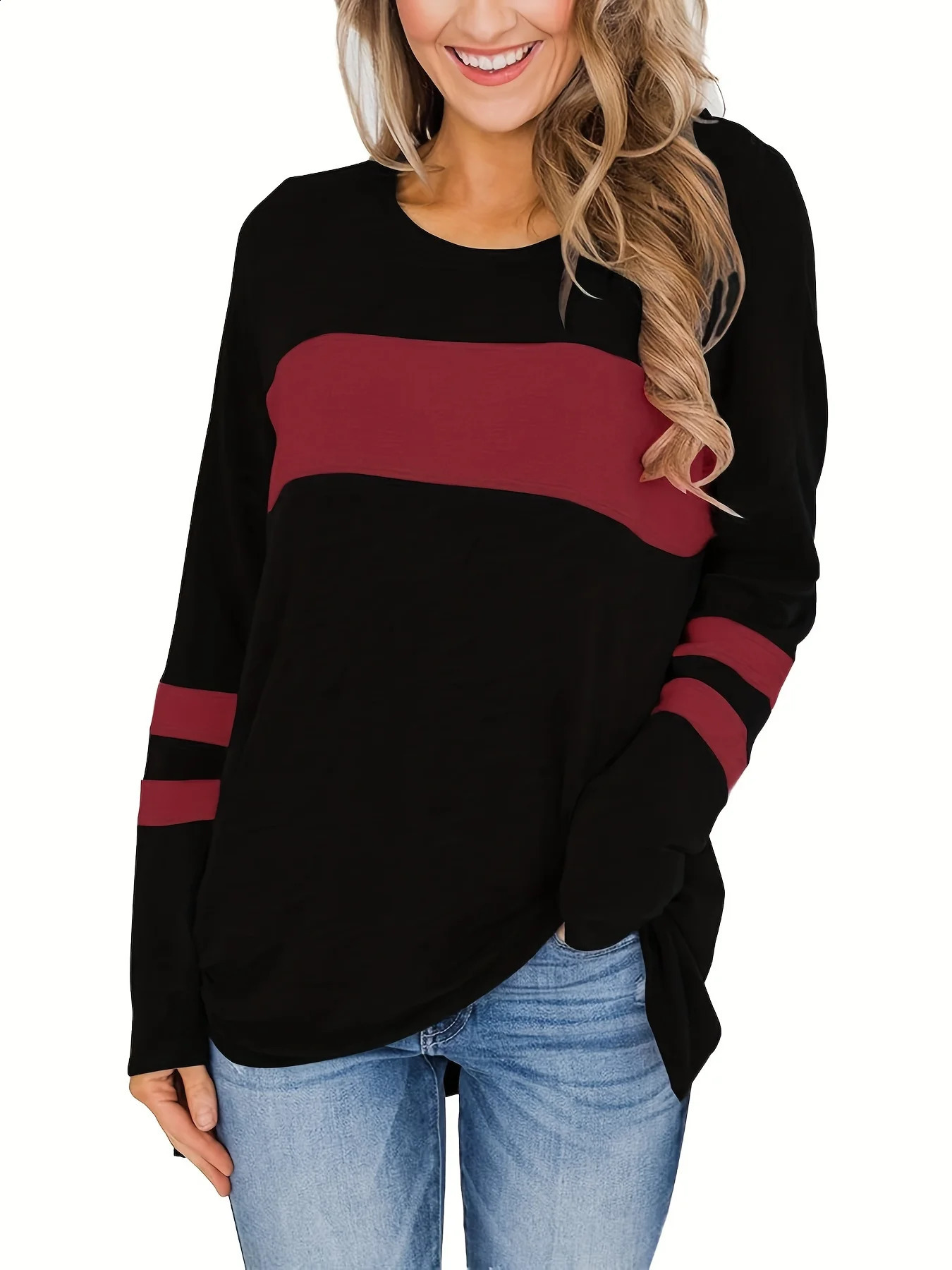 Womens Plus Size Colorblock Stripe Print Tunic T-shirt with Long Sleeves and Slight Stretch - Casual and Comfortable 260626 - view 5