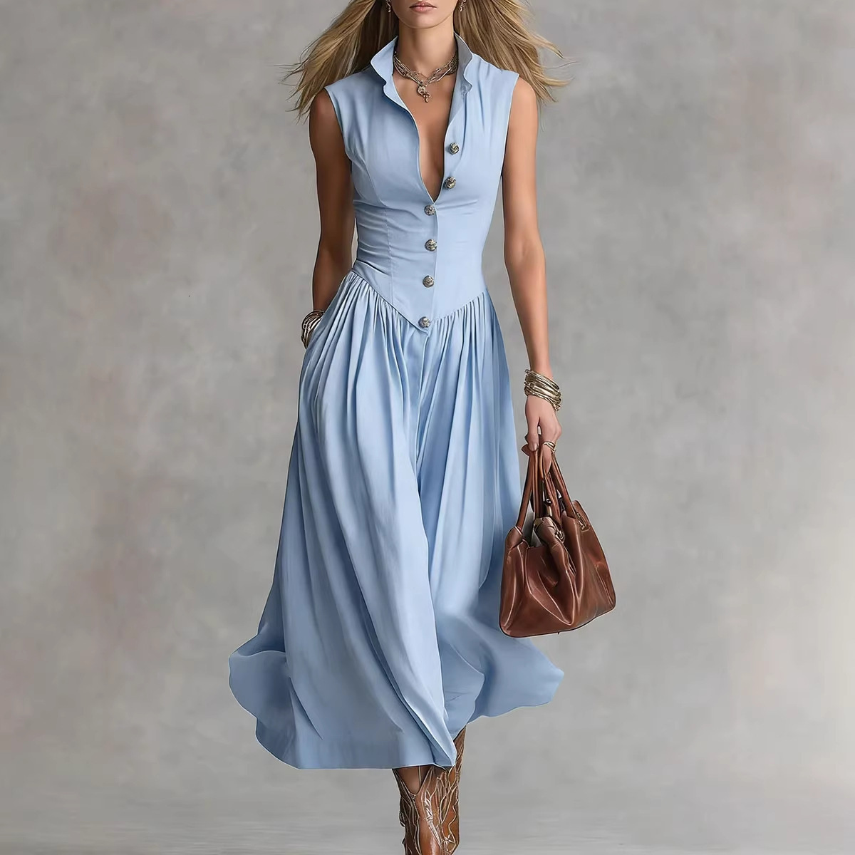 Spring and summer new French-style elegant goddess look slim-fit long sleeveless dress with a turn-down collar for women - view 4