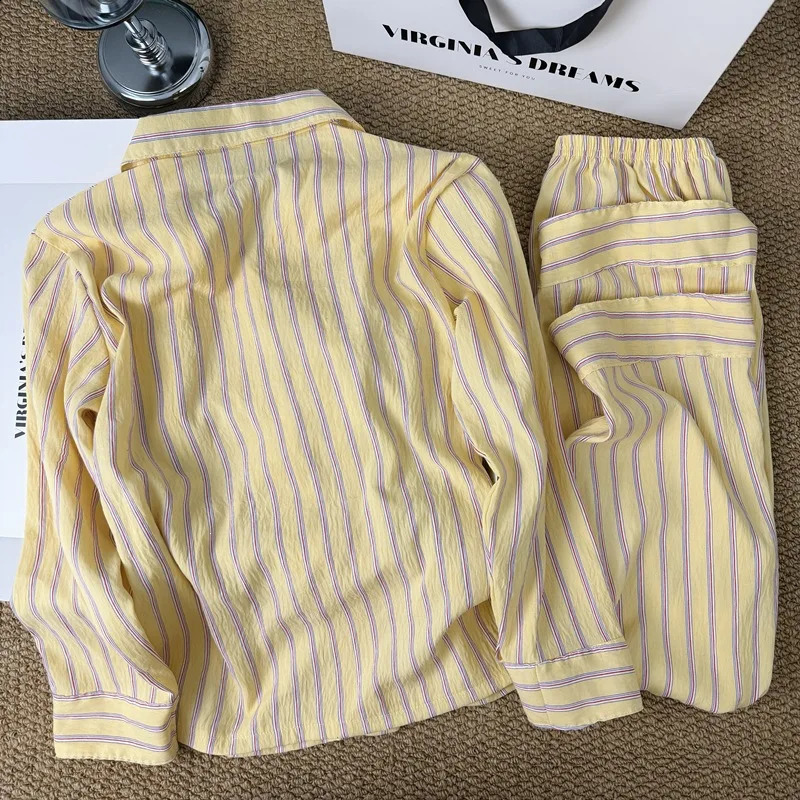 KoreanStyle Simple Striped Pajamas for Women Spring and Summer Loose Lazy LongSleeve Long Pants Homewear Set 260625 - view 3