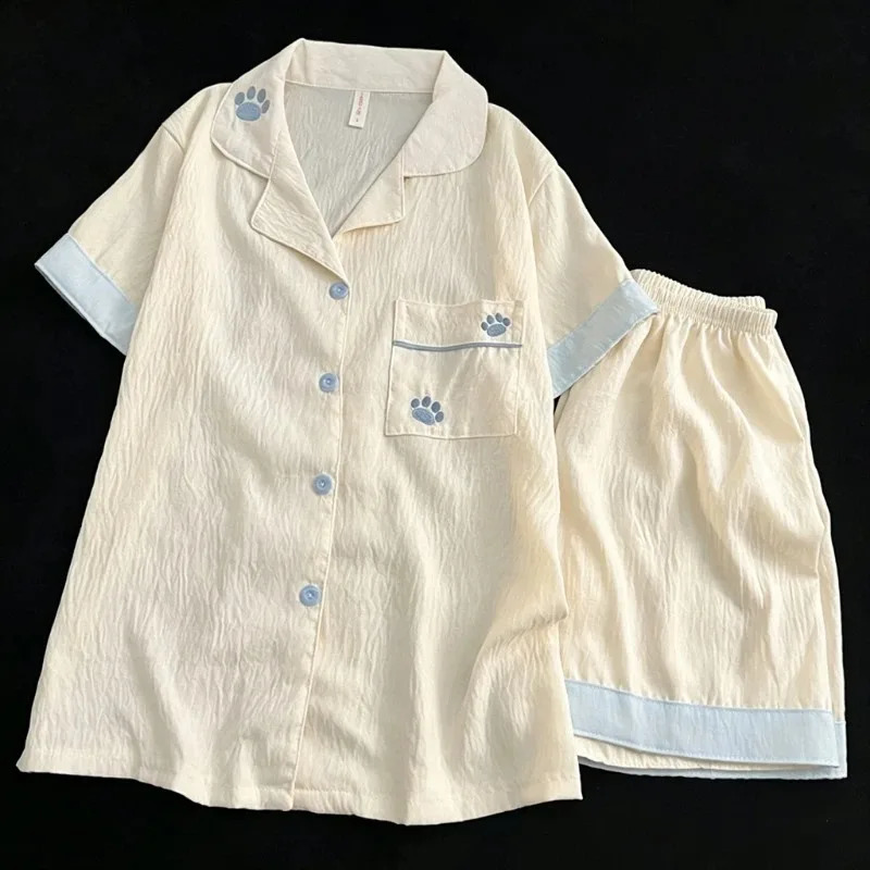 Harajuku Style Cute Embroidery Paw Womens Pajamas Set Short Sleeve Top Shorts Summer Sleepwear Soft Kawaii Loungewear 260625