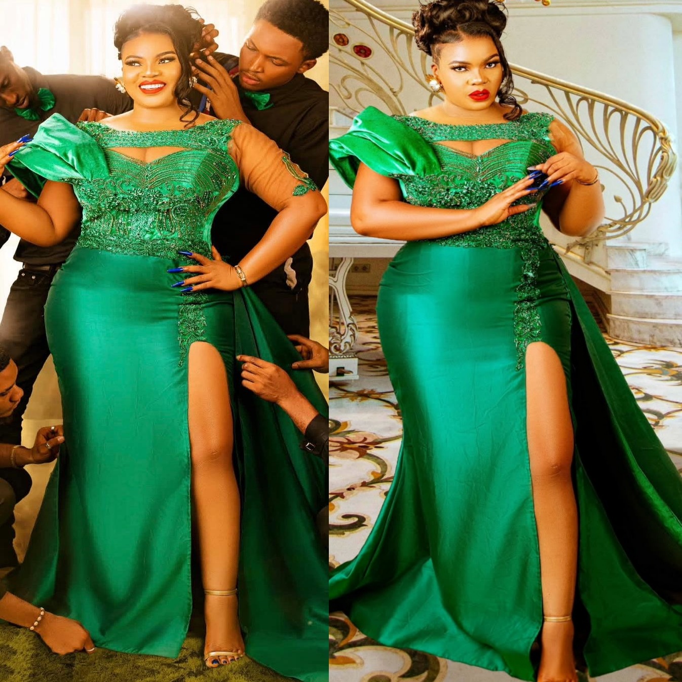 Aso Ebi Green Mermaid Prom Dress 2026 Evening Dress Beaded Crystals High Split Satin Birthday Formal Women Pageant Party Gowns Long Dinner Dresses ZJ0