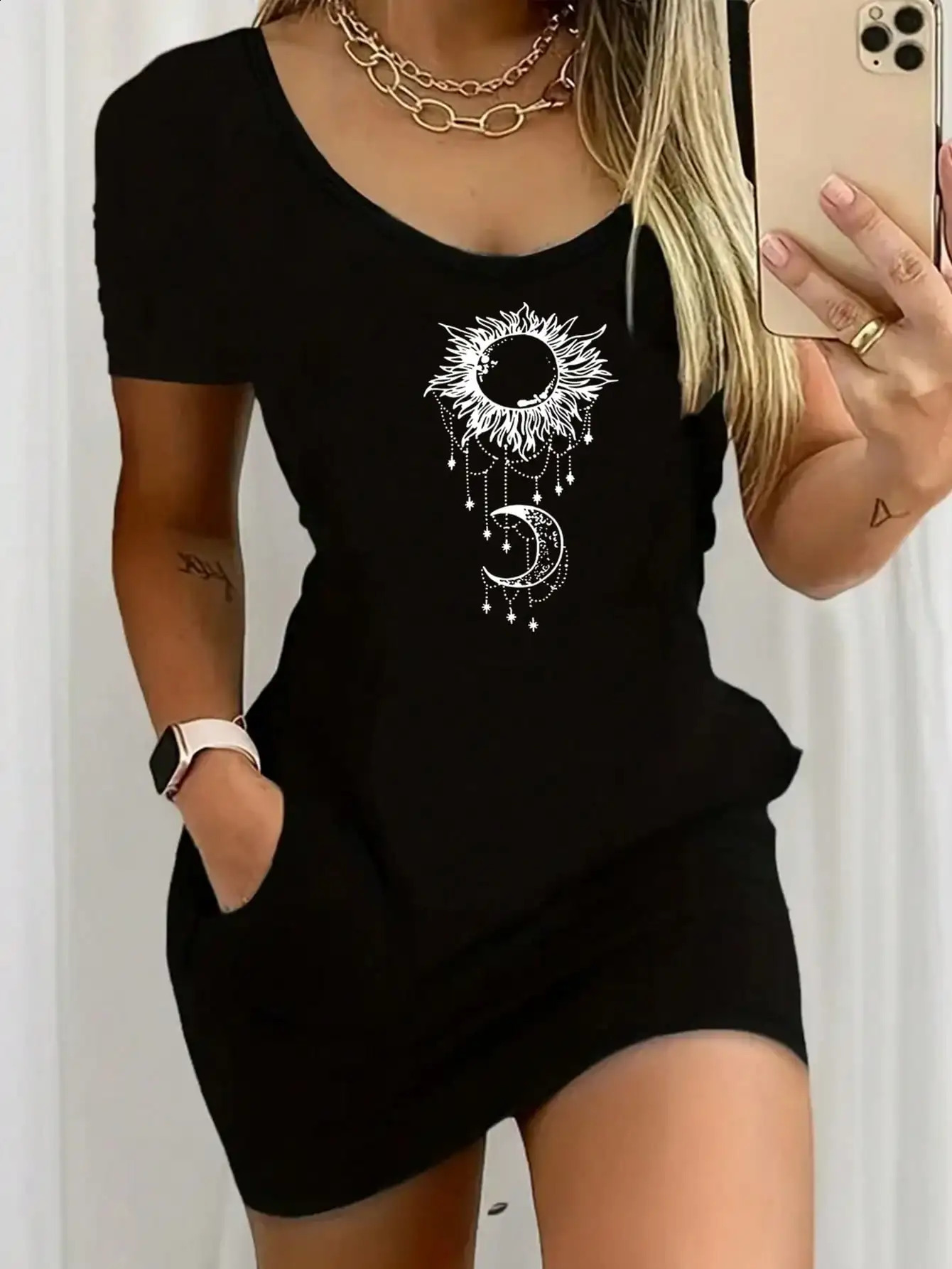 2026 Womens Casual Elegant Style Sun Moon Pattern Solid Color Round Neck Short Sleeve Sexy Dress Skirt 260625