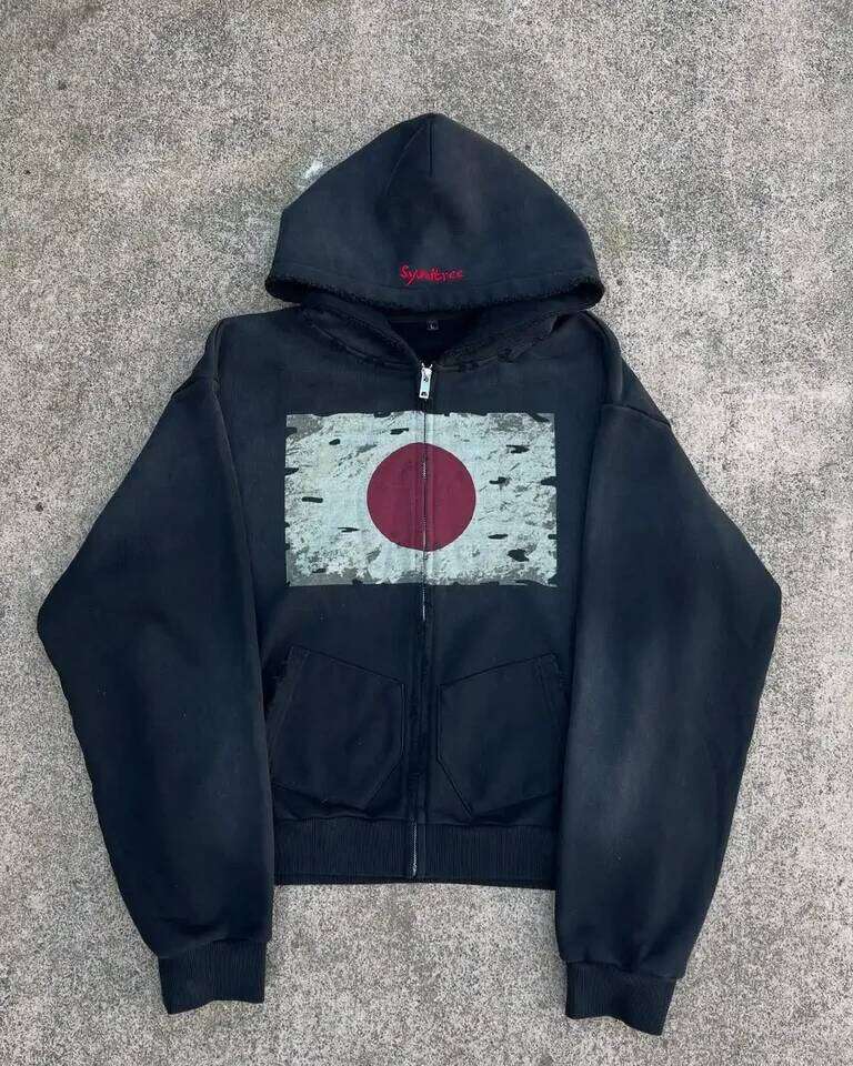 Black Japanese streetwear European youth fashion pullover men's city casual hooded Harajuku Korean Y2K hiphop printed sweatshirt W260626 - view 3