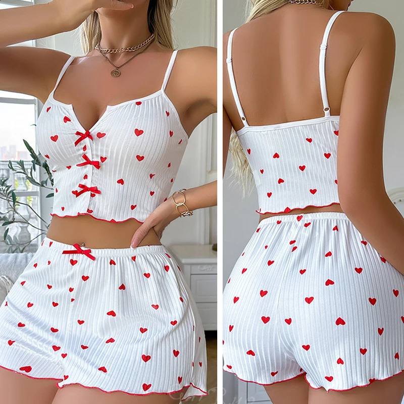 Sexy Sleepwear Women Pajamas Set Heart Print Silk Stain VNeck Sleeveless Casual Cami Top and Shorts Sets Home Suit Loungewear 260625 - view 5