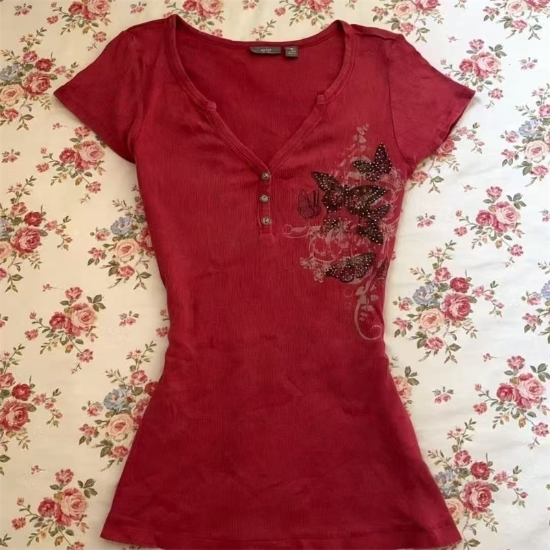 Y2k Red T shirt Aesthetic 2000s Girl Top Chic Vintage Clothes Slim Short Sleeve Summer Grunge Tees 260625