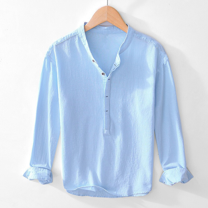 Solid Color Stand-Up Collar Long-Sleeve Cotton-Linen Shirt, Vintage Casual Loose Fit