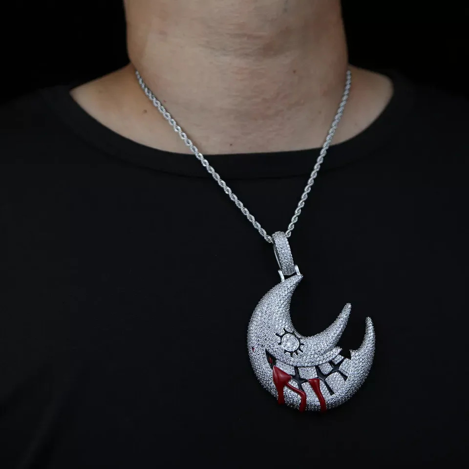 Fashion Men Hip Hop Moon Pendant Necklace Crystal Cuban Chain Iced Out Bling Necklaces Charm Jewelry 260615 - view 7