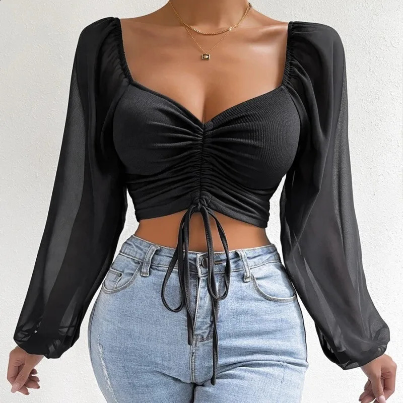 Womans Tops Puff Sleeve Sexy Close-Fitting Summer and Spring Lace up V-neck Fashion Solid Color Simple Long Sleeve 260626