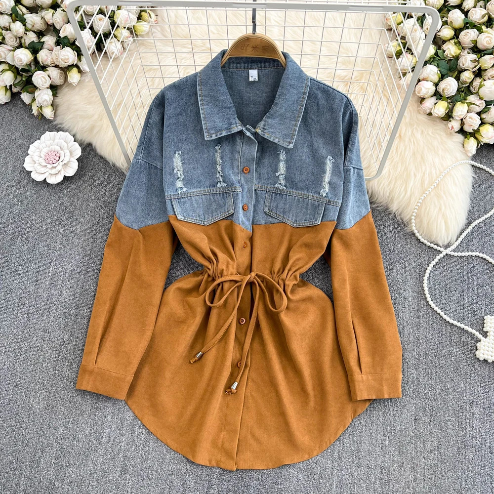 Womens Turn-down Collar Denim Patchwork Shirt Jacket Autumn Loose Long Sleeve Drawstring Waist Mid-Length Casual Streetwear Top 260626 - view 6