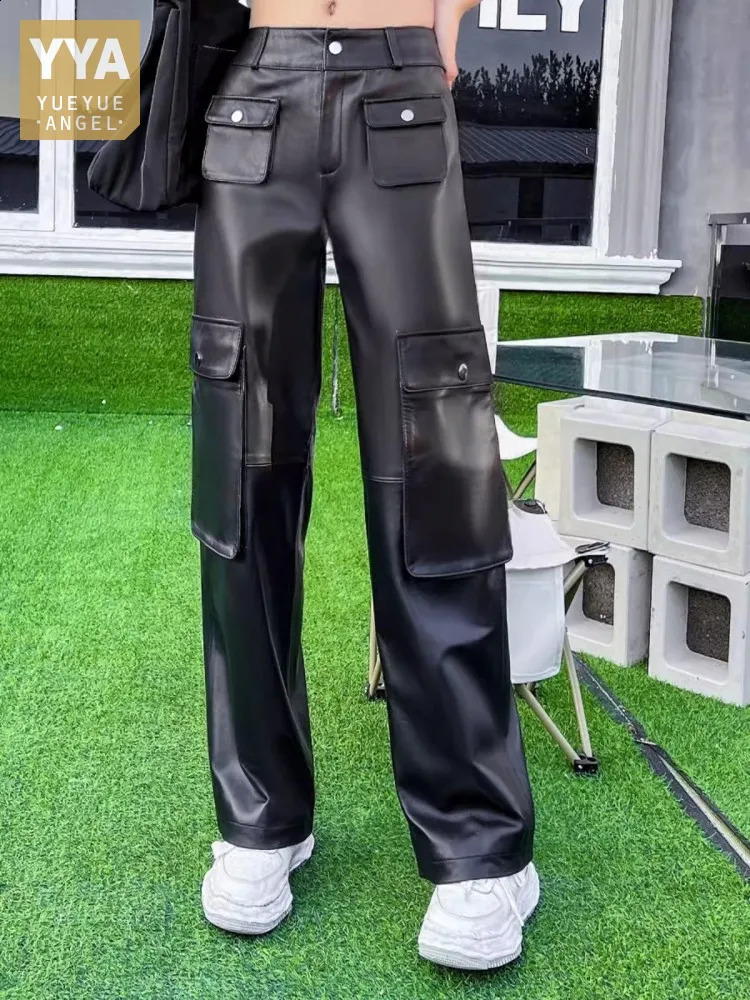 Boyfriend Style Women Multi Pockets Straight Pants Sheepskin Genuine Leather Cargo Spring Autumn Long Trousers Female 260625
