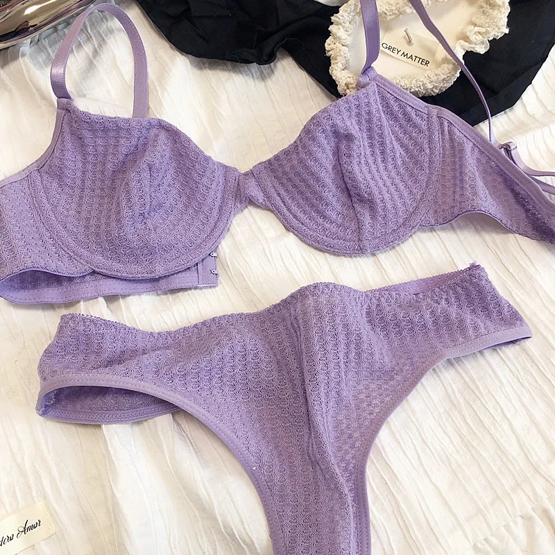 Summer 6 Color Women Underwear Sexy French Bralette Push Up Bra Set Ultra Thin Thread Fabric Breathable Lingerie With Thong Sets 260626 - view 7