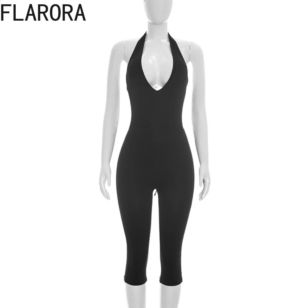 FLARORA Sexy Bandage Backless Jumpsuit Woman Solid Color Halter V Neck Sleeveless Skinny Peach Hip Romper tie Street Overalls 260626 - view 6