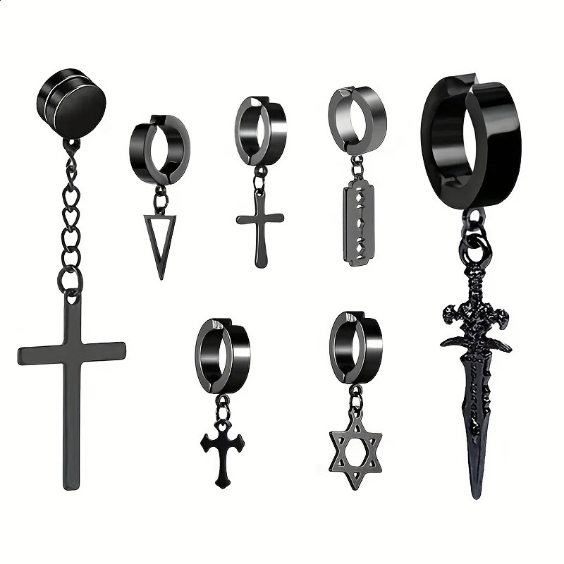 2pcs Fashionable Stainless Steel No Ear Holes Cross Clip NonPiercing Tassel Star Blade Earrings Jewelry for Men Women 260623 - view 3