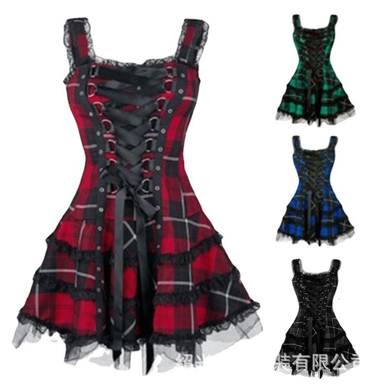 New womens plaid print lace trim dress sleeveless mesh midi dress - view 6