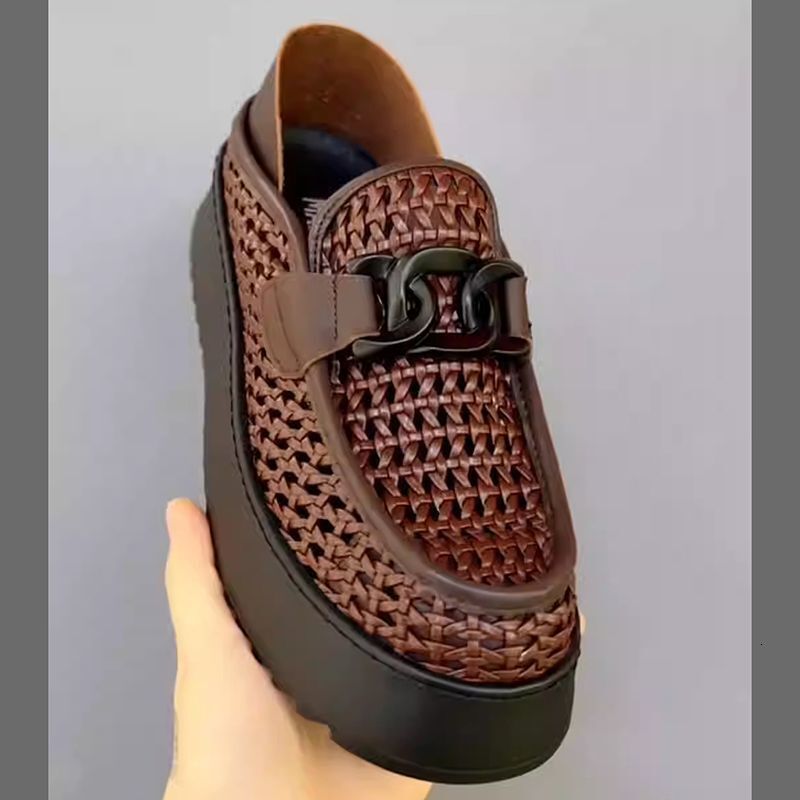 Men Hollow Woven Platform Loafers Metal Chain Slip On Mules Thick Sole Height Boost Breathable Summer Casual Shoes - view 3