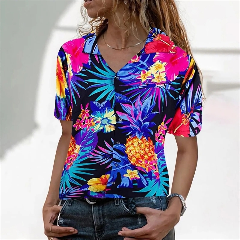 Funky Women Hawaiian Shirt Frontpocket Leaves Flowers Pineapple Print Womens Tops and Blouses Summer Female Top 260616 - view 4