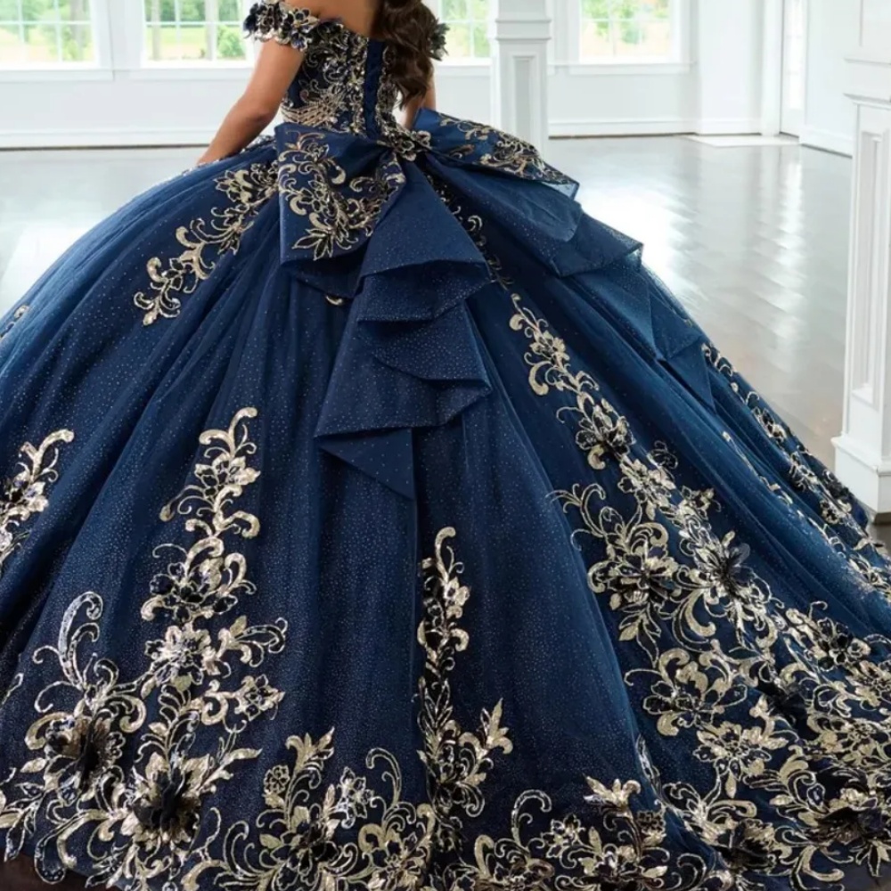 Navy blue off-shoulder dress with small cuffed sleeves, heavy beaded crystal embellishments, and a full tulle skirt Quinceanera - view 5