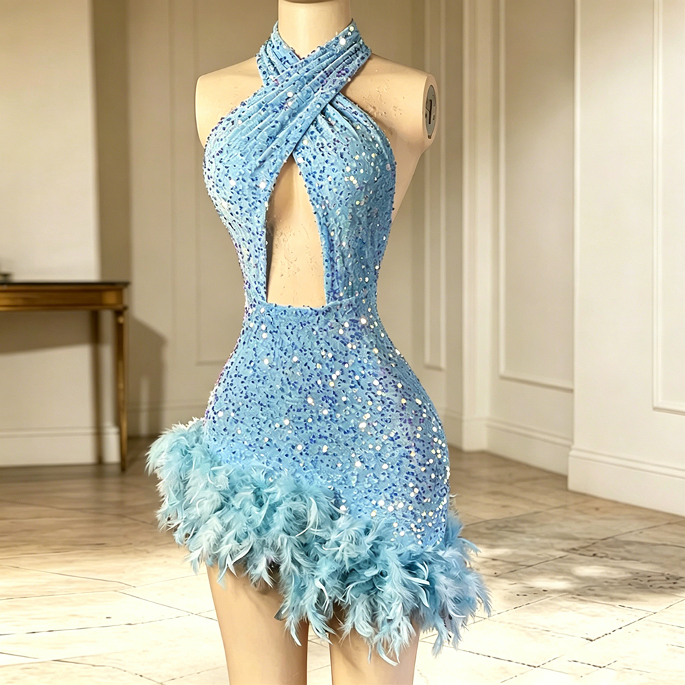 Sky Blue Short Prom Dress For Black Girls With Feathers Birthday Party Dresses Mini Abiti Da Cocktail